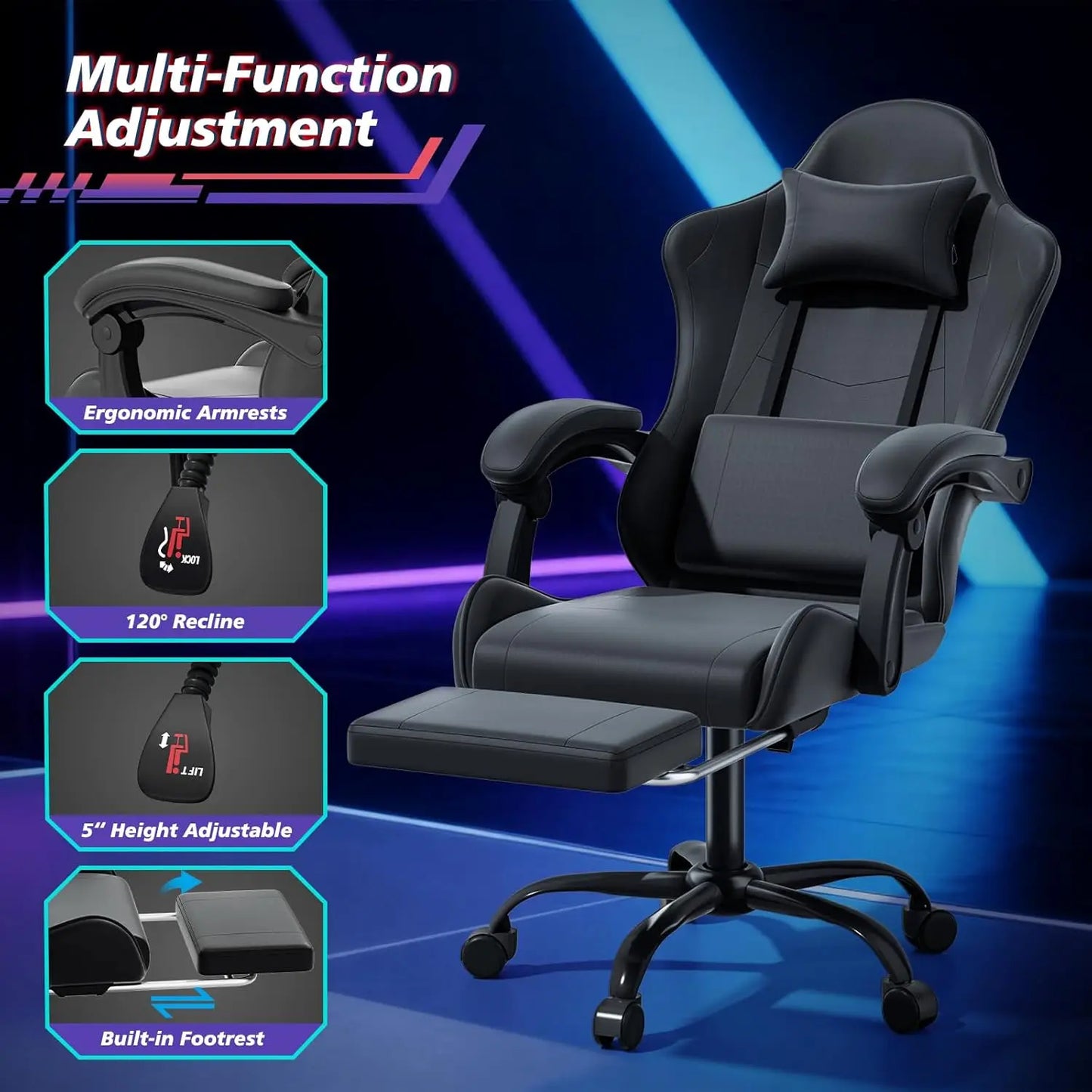 Ergonomic Gaming Chair With Height Adjustable Headrest And Footrest