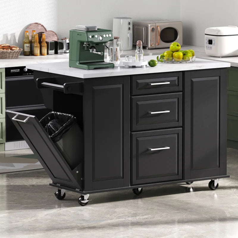 50.7in kitchen island with storage tilt bin cabinet and pull-out cabinet,5-wheel rolling kitchen island with fallen leaves,black