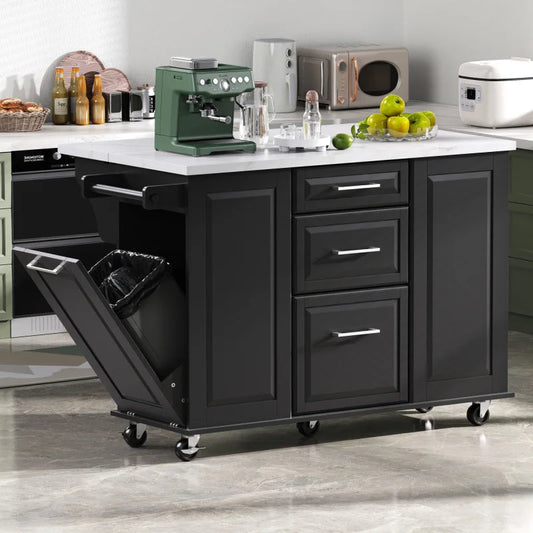50.7in kitchen island with storage tilt bin cabinet and pull-out cabinet,5-wheel rolling kitchen island with fallen leaves,black