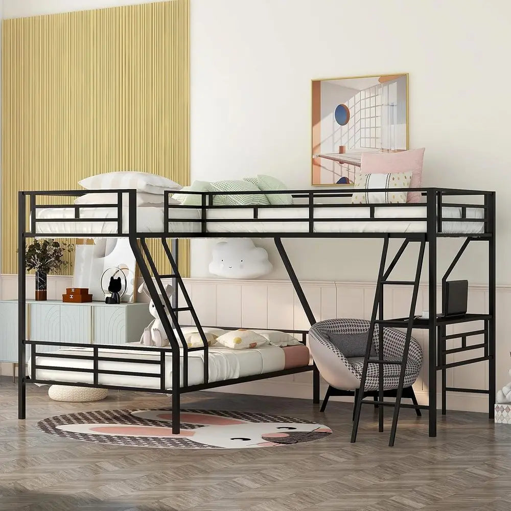 Triple Bunk Bed With Desk Metal Frame For Kids Teens Adults