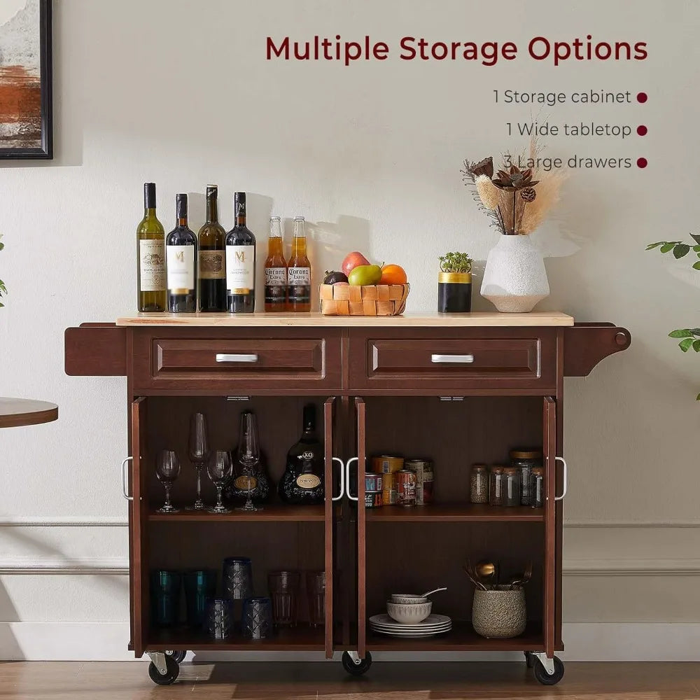 Walnut 54" Rolling Kitchen Island on Wheels, Large Kitchen Cart with Storage Cabinet, Portable Wood Island Table with 2 Drawers