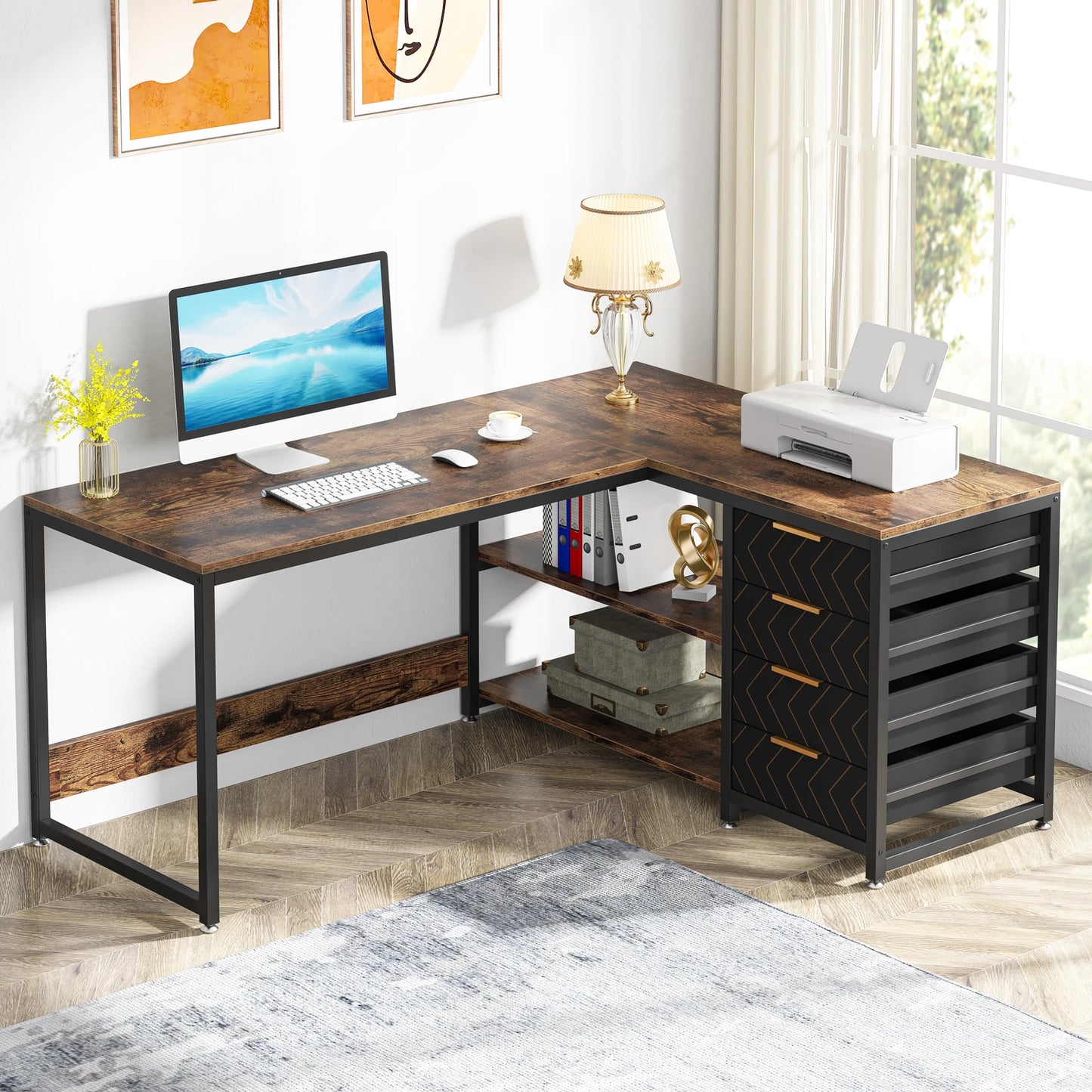 Tribesigns L Shaped Computer Desk With Storage Drawers And Shelves