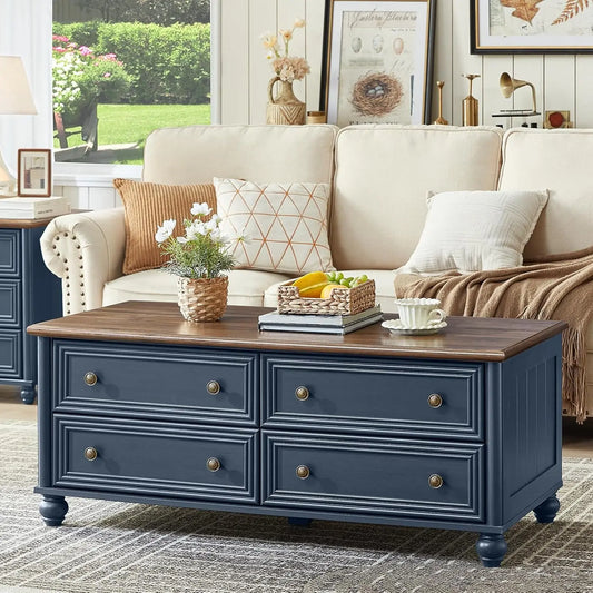 HUANZHUANG Farmhouse Coffee Table With Hidden Storage And 4 Drawers Solid Wood