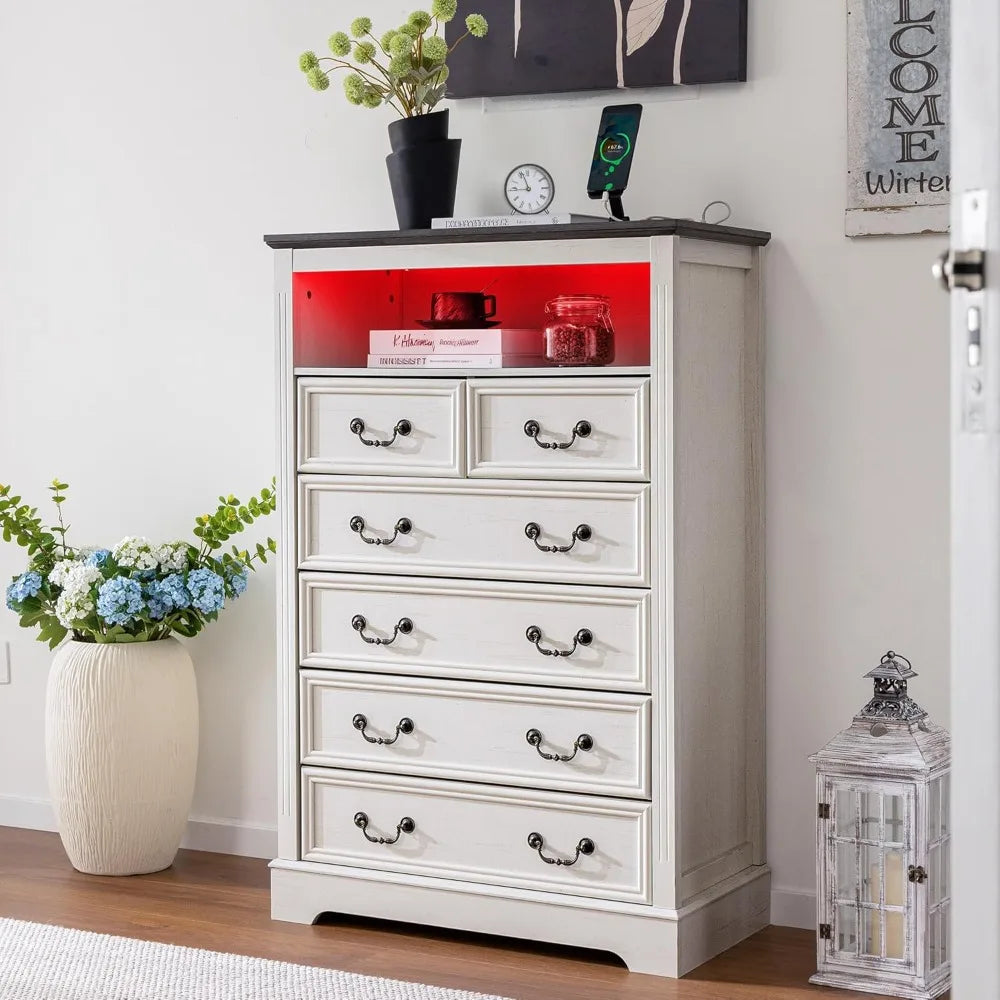 TIFICY Dresser With Charging Station And LED Light Six-Drawer