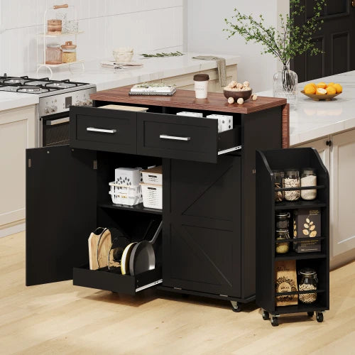 47.2 "Farmhouse Kitchen Island, Kitchen Storage Island with Removable Side Shelves, Two Drawers, Towel Rack, Black