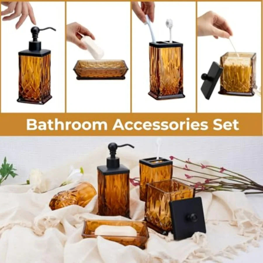 Glass 5 Piece Bathroom Accessories Set Dispenser Toothbrush Holder