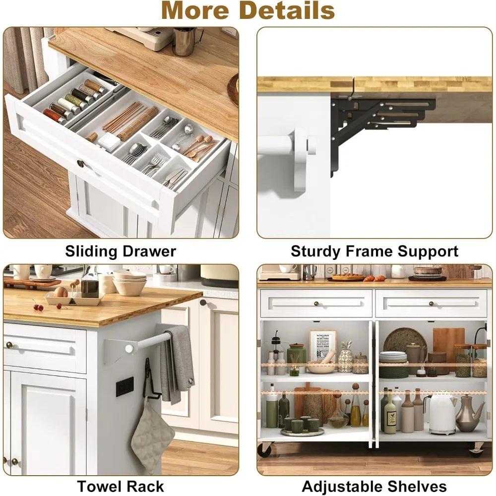 59 W Rolling Kitchen Island with Drop Leaf – Movable Kitchen Carts on Wheels Island with Storage Cabinet, Island Table