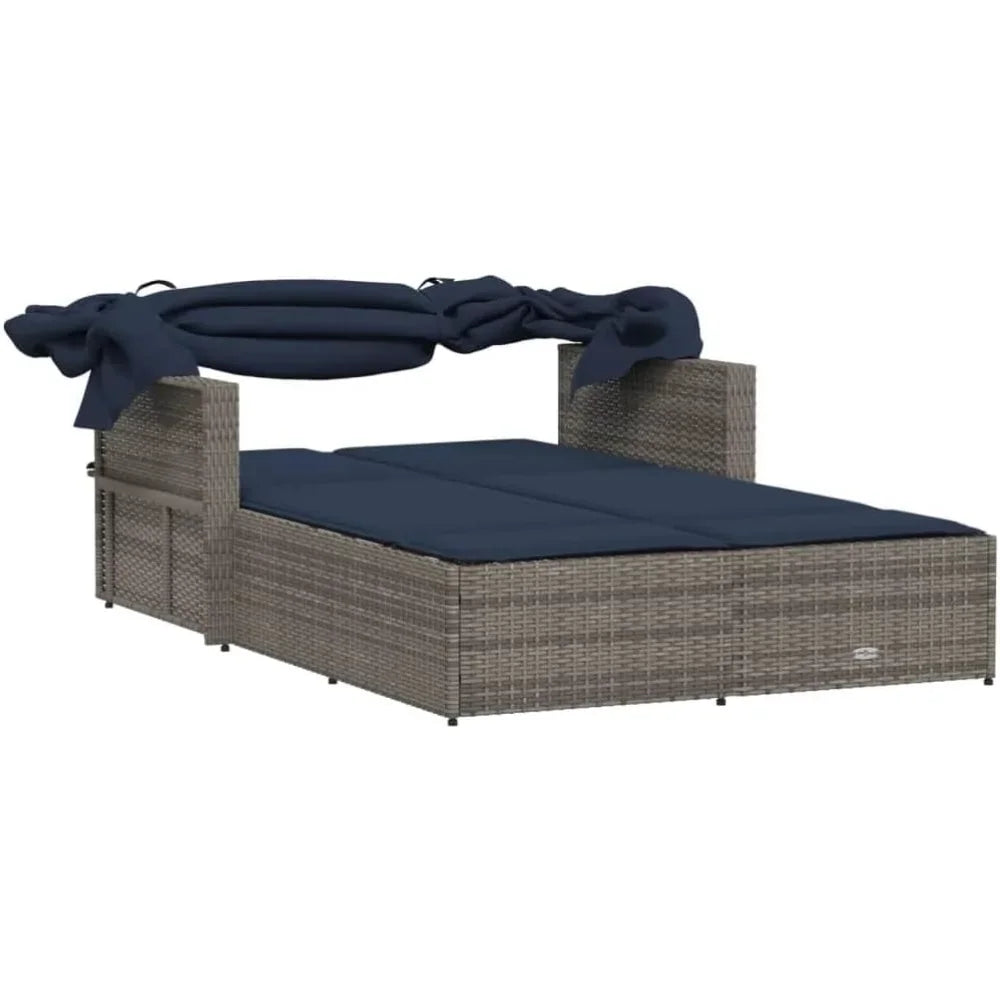 Outdoor Wicker Sun Lounger With Folding Canopy For Patio Garden