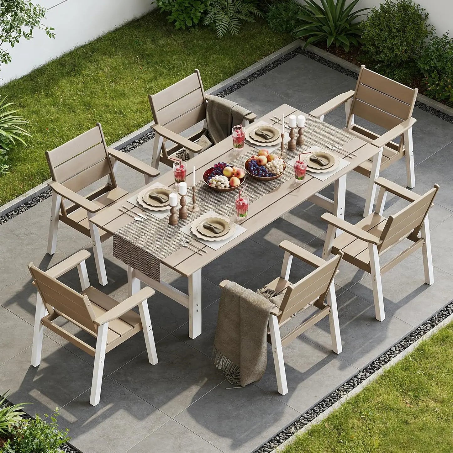 7-Piece Outdoor Dining Set with Umbrella HDPE Table and Chairs
