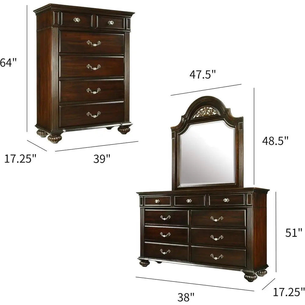 Solid Wood Traditional Six Piece Bedroom Set with Chest and Dresser