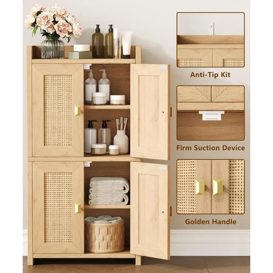 XMSJ Rattan Bathroom Cabinet With Four Doors Adjustable