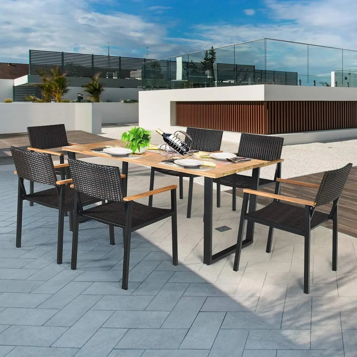 Outdoor Dining Set With Acacia Wood Table And Rattan Chairs