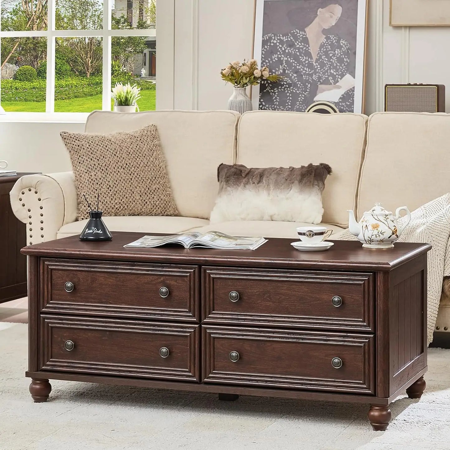 HUANZHUANG Farmhouse Coffee Table With Hidden Storage And 4 Drawers Solid Wood