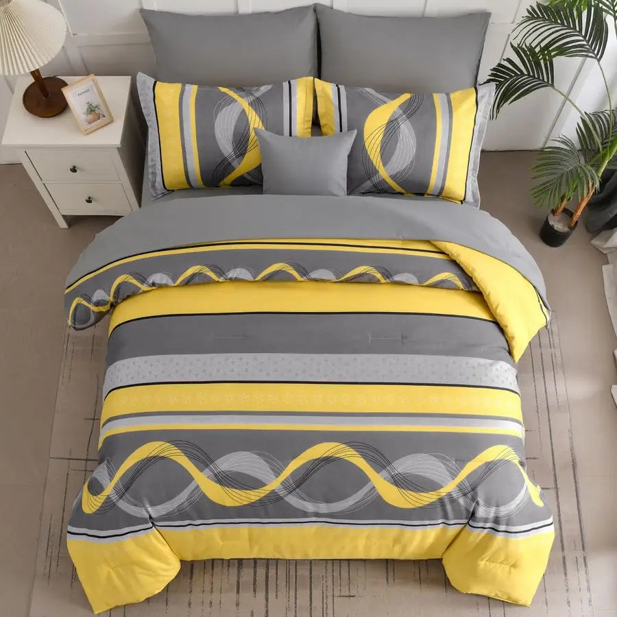 Yellow Comforter Set Queen Size,8 Pieces Bed in a Bag Patchwork Striped Bedding Sets,Boho Soft Microfiber Bedding Set for All Se