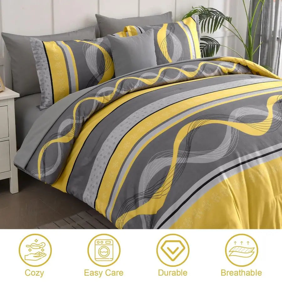 Yellow Comforter Set Queen Size,8 Pieces Bed in a Bag Patchwork Striped Bedding Sets,Boho Soft Microfiber Bedding Set for All Se