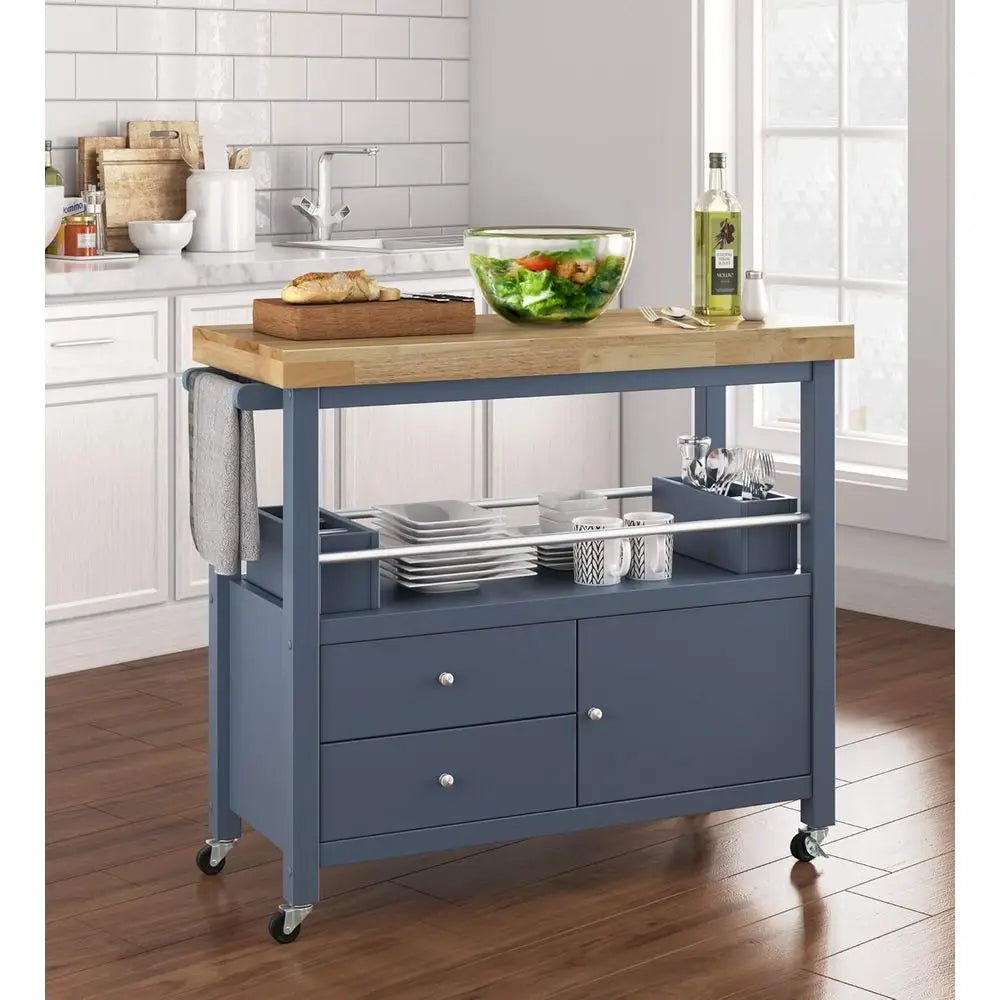 Anson Kitchen Island Bar Cart with Storage, Butcher Block Table, Rolling Wheels and Portable Cabinet Organization or Home Aparen