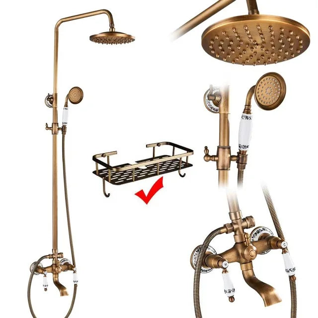 SAFLIHCAR Brass Antique Shower Faucet Set Wall Mount Dual Handshower