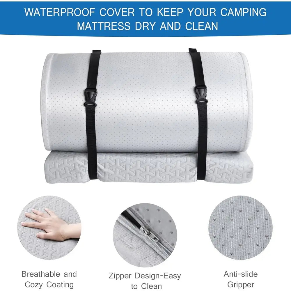 3 Inch Thick Camping Mattress Pad with Waterproof Cover, Portable Roll-Up Floor Mat for Outdoor, Travel, and Truck Bed Tent