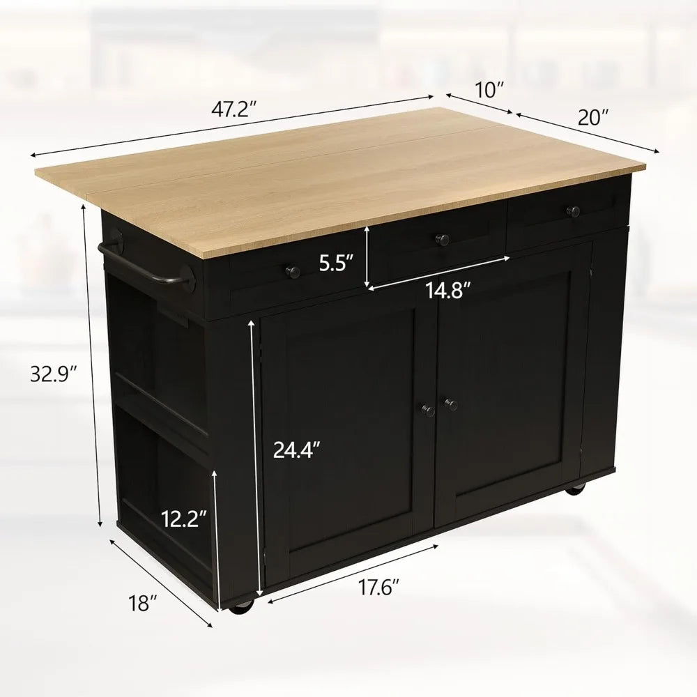 Rolling Kitchen Island Cart with Power Outlet & Drop Leaf, Kitchen Storage Cabinet On Wheels with 3 Drawers, Spice Rack & Towel