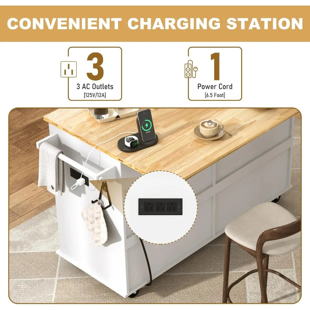 59 W Rolling Kitchen Island with Drop Leaf – Movable Kitchen Carts on Wheels Island with Storage Cabinet, Island Table