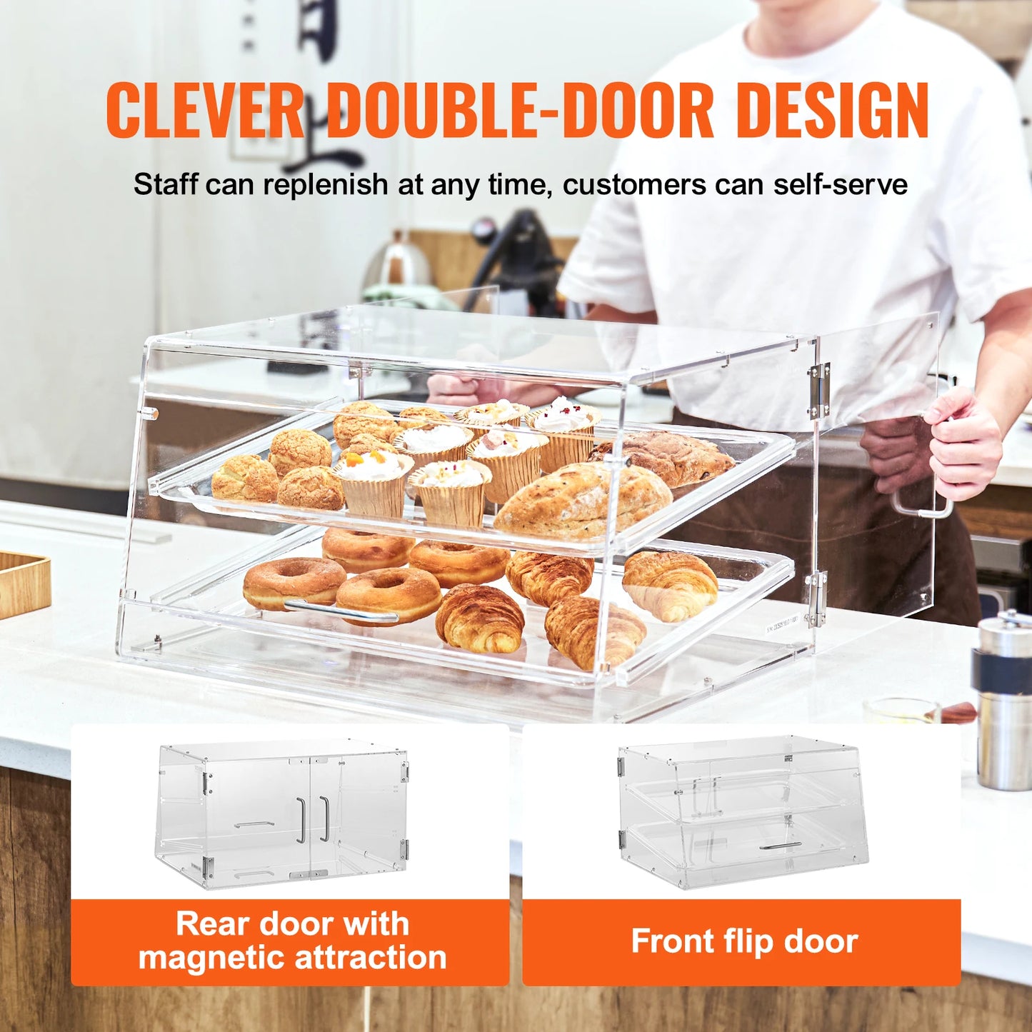 SucceBuy 2 Tray Clear Pastry Display Case Acrylic Commercial Countertop Bakery Display Case with Front and Rear Door for Bread