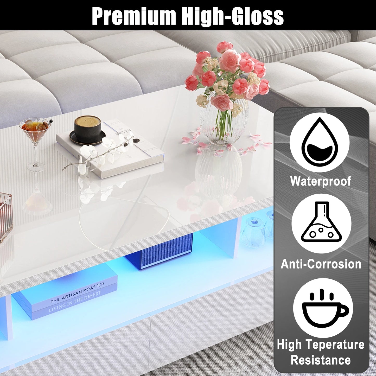 QiaoShiRen Modern LED Coffee Table With Two Storage Drawers