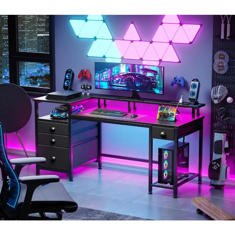 Computer Desk With 4 Drawers And Printer Space LED USB