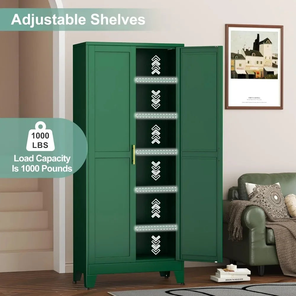 Metal Pantry Cabinet with 2 Doors and 5 Adjustable Shelves, 75" Kitchen Storage cabinets with Gold Handles, Versatile Storag