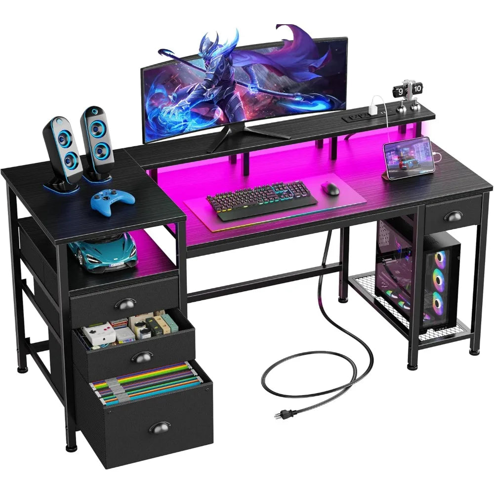 Computer Desk With 4 Drawers And Printer Space LED USB