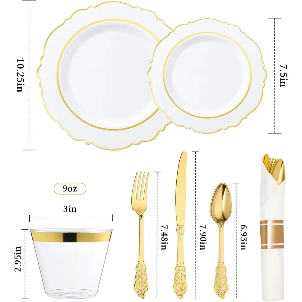 Elegant White Gold Plastic Dinnerware Set for 350 Guests or Baroque Disposable Partyware with 100 Plates, 50 Napkins, Silverware