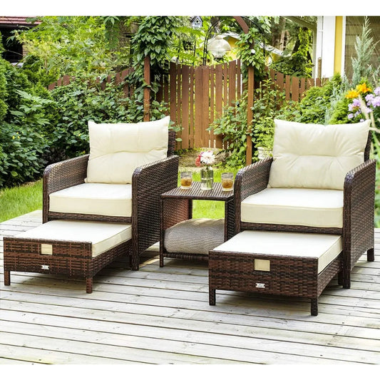 5-Piece Rattan Patio Furniture Set With Ottomans And Coffee Table