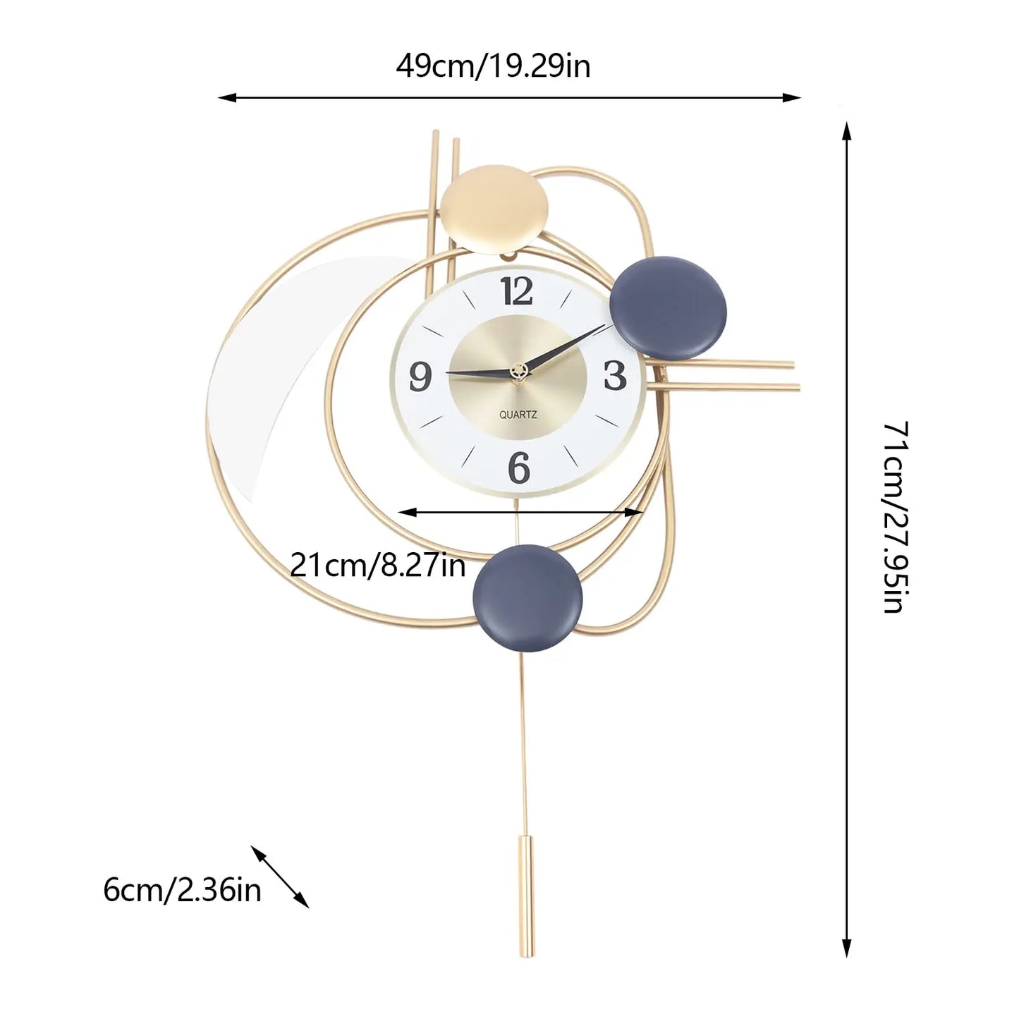 Modern Metal Wall Clock With Silent Quartz Movement And Swing Pendulum