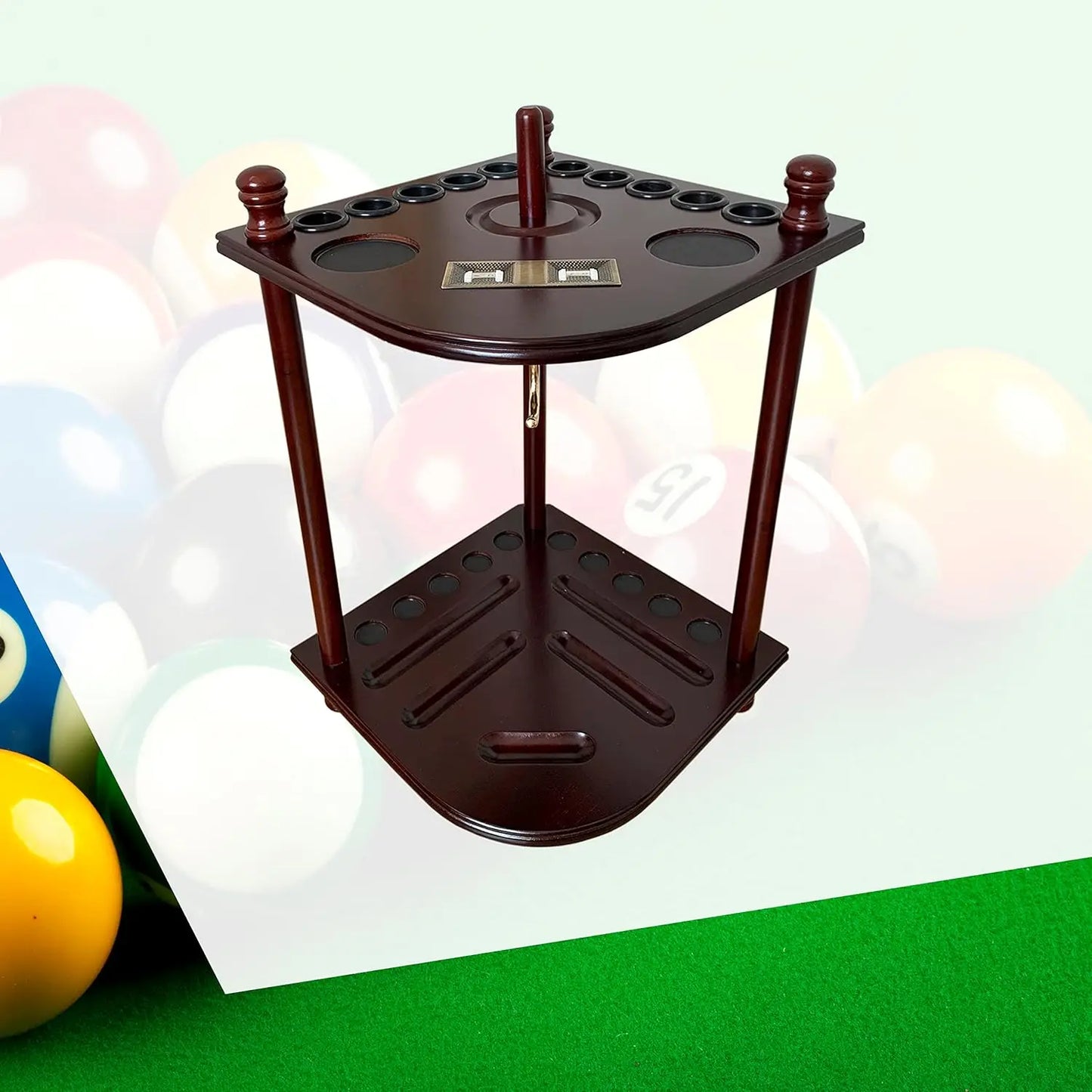 Solid Hardwood Pool Cue Rack Floor Stand For 10 Cues With Ball Set