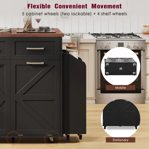 47.2 "Farmhouse Kitchen Island, Kitchen Storage Island with Removable Side Shelves, Two Drawers, Towel Rack, Black
