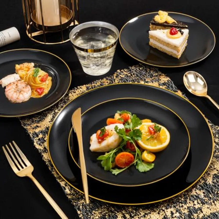 150PCS Black and Gold Plastic Plates - Black Gold Plastic Dinnerware Set Disposable - Include 25 Dinner/ 25 Dessert Plates, 25