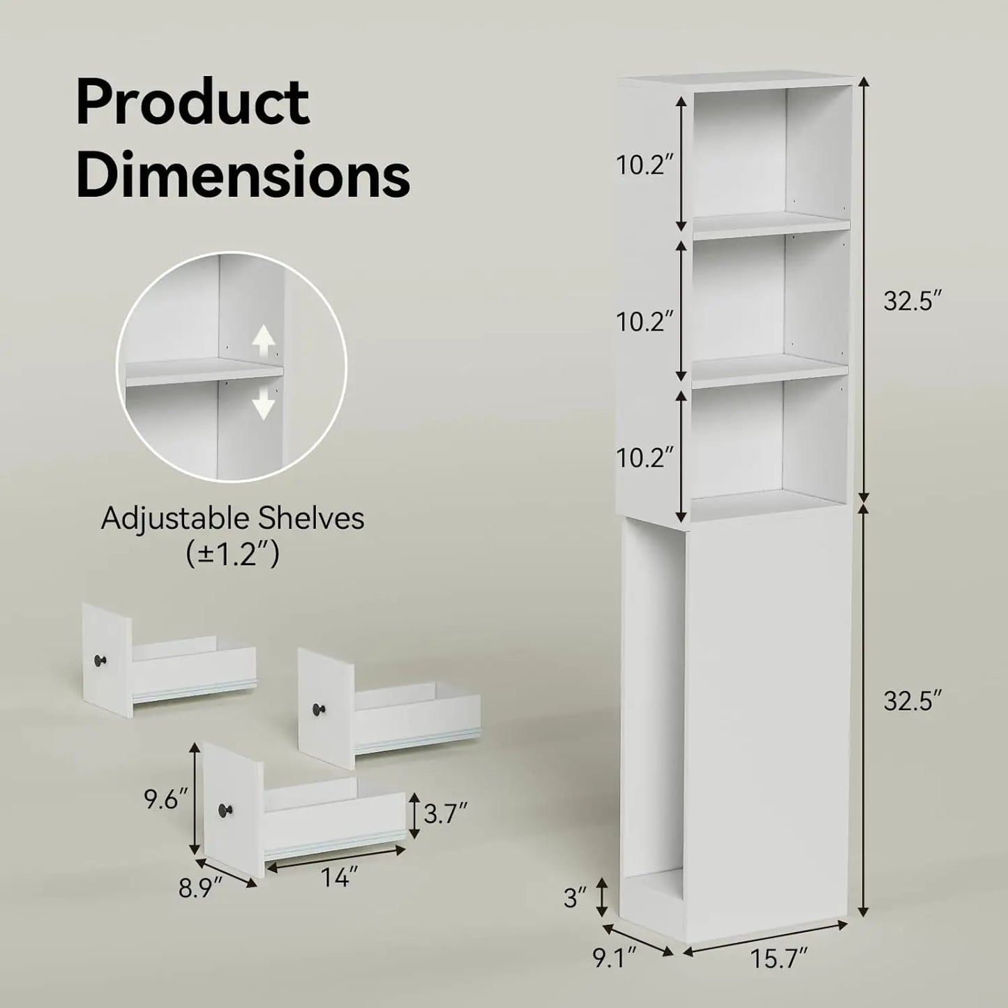 XMSJ Storage Cabinet Tall Narrow Bathroom Organizer With Three Level Shelves