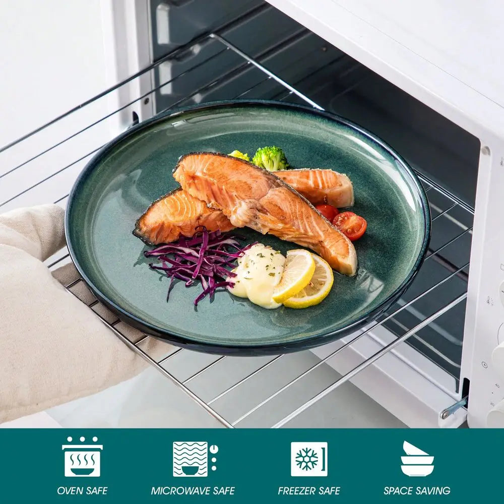 12 Pieces Kitchen Dinnerware Set, Green Set, Stoneware Dinnerware, Plate And Bowl Set For 4 Person, Round Plate With Vertical E