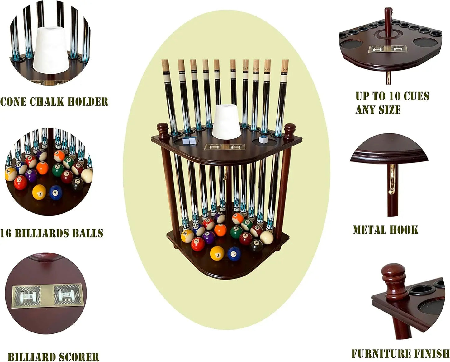 Solid Hardwood Pool Cue Rack Floor Stand For 10 Cues With Ball Set
