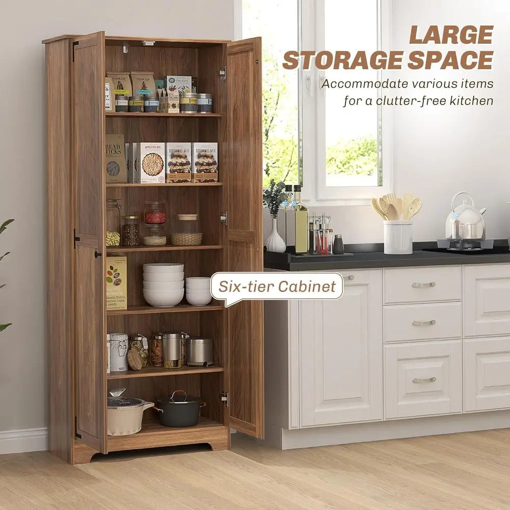 72" armhouse Pantry Cabinet, reestanding Tall Kitchen Pantry Storage Cabinet with Adjustable Shelves and Reced Do, Brown