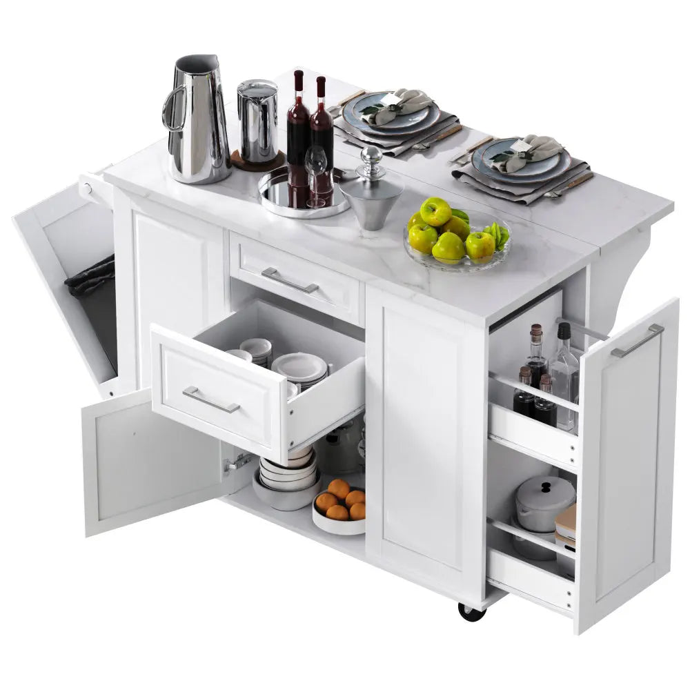 50.7" Kitchen Island with Storage Tilt Trash Can Cabinet and Pull Out Cabinet Organizer, Rolling Kitchen Island with 5 Wheels