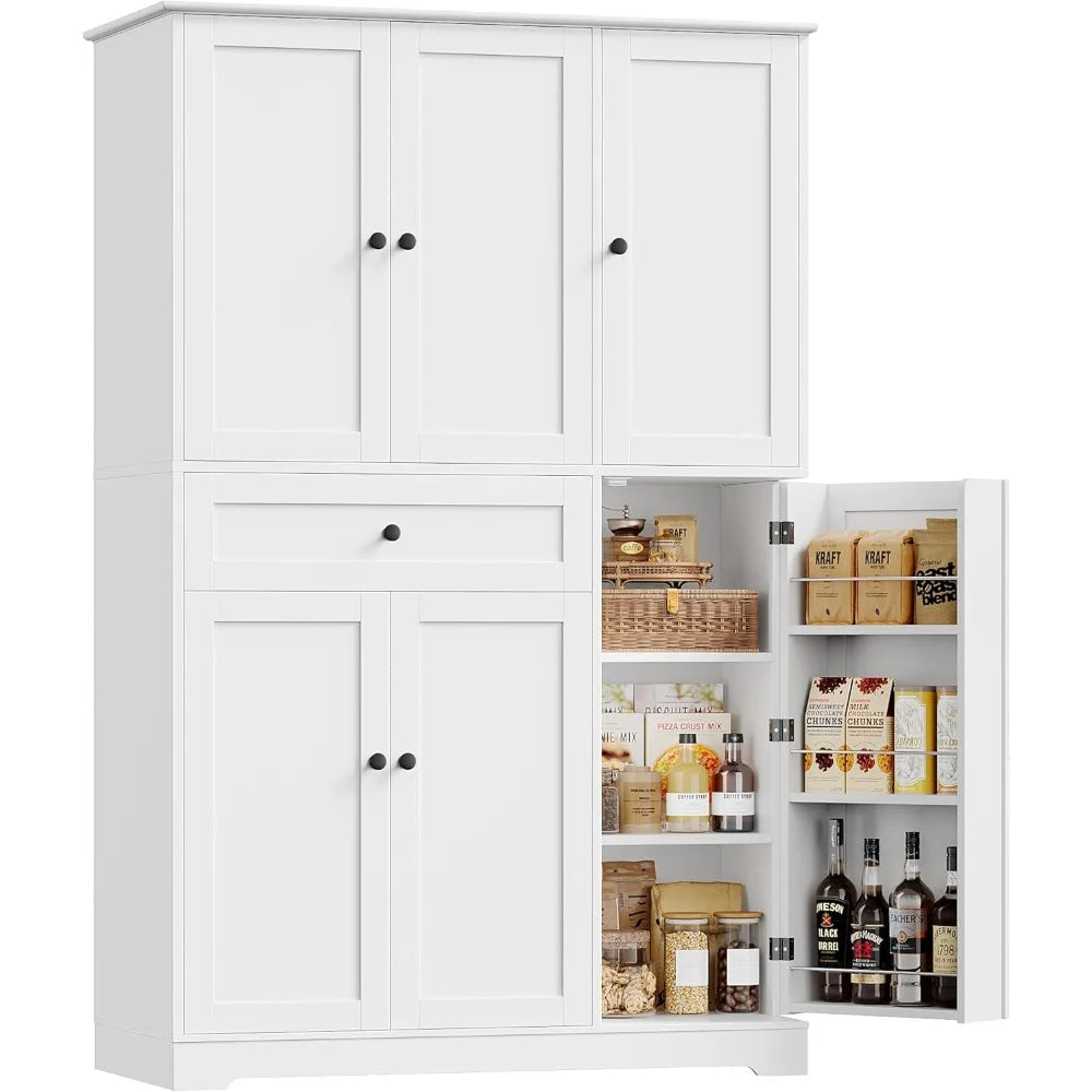 HOSTACK 68" Tall Kitchen Pantry Cabinet,Modern Hutch with Doors Shelves & Large Drawer,Food Storage for Dining Living Room,White