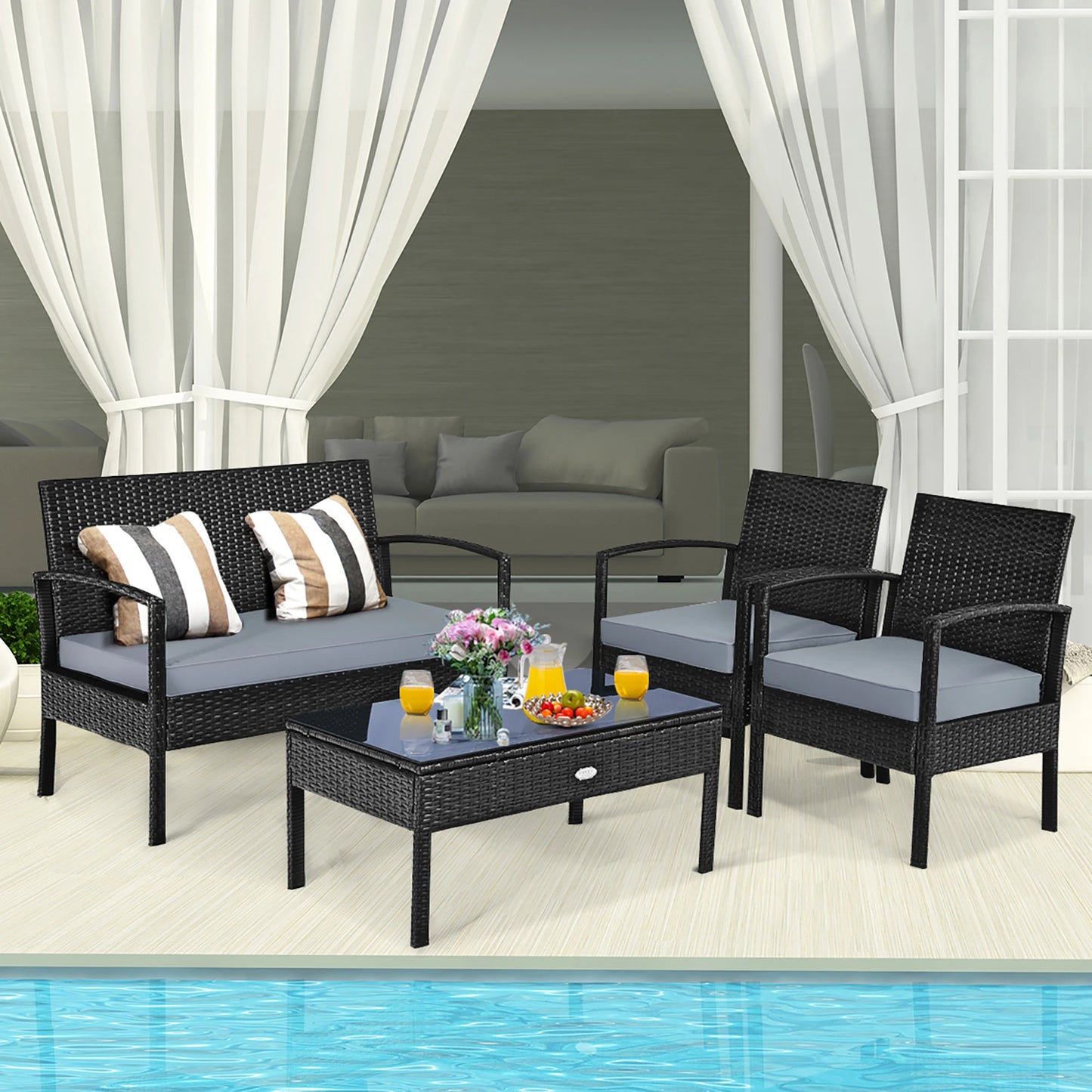 HOMASIS 4-Piece Outdoor Patio Rattan Wicker Set Cushioned Chairs Table