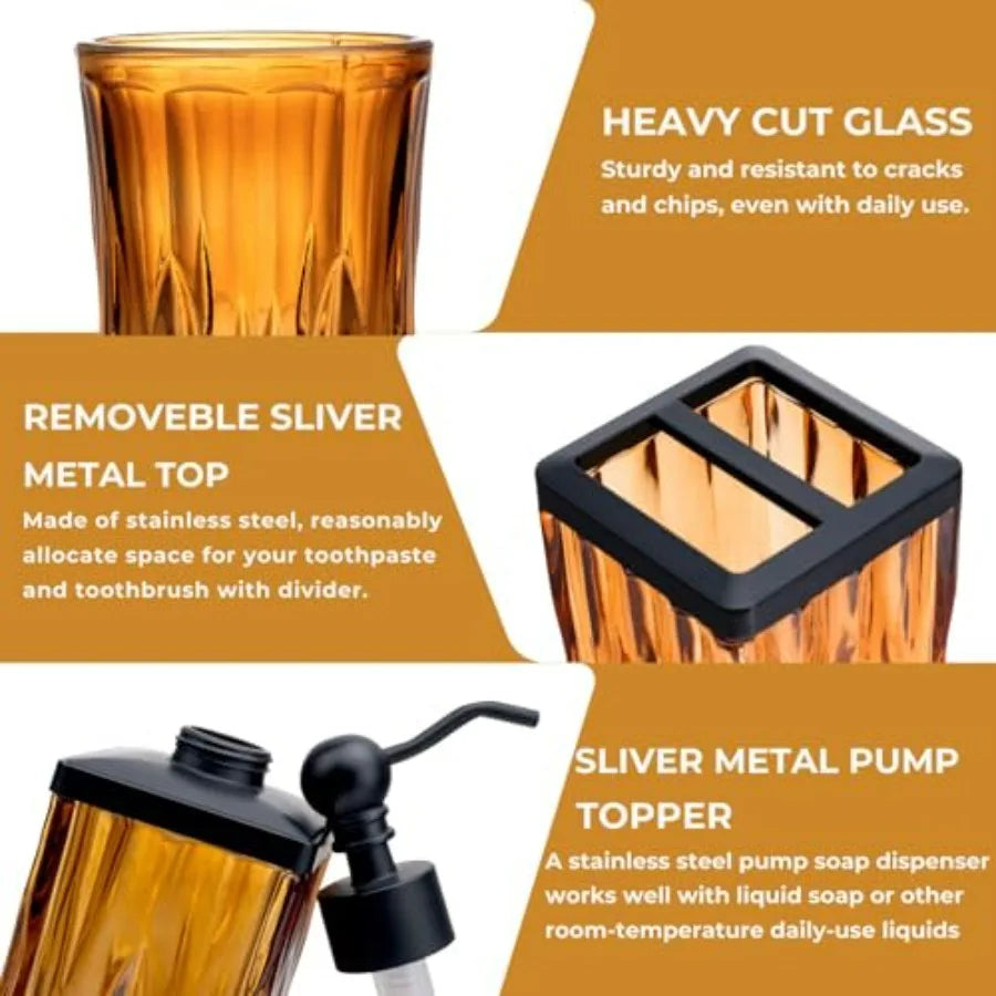 Glass 5 Piece Bathroom Accessories Set Dispenser Toothbrush Holder
