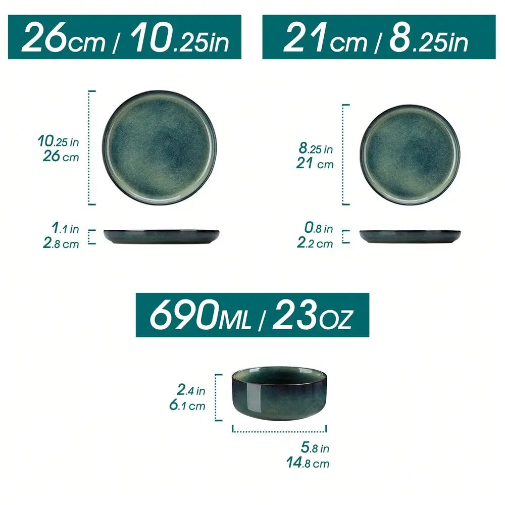 12 Pieces Kitchen Dinnerware Set, Green Set, Stoneware Dinnerware, Plate And Bowl Set For 4 Person, Round Plate With Vertical E