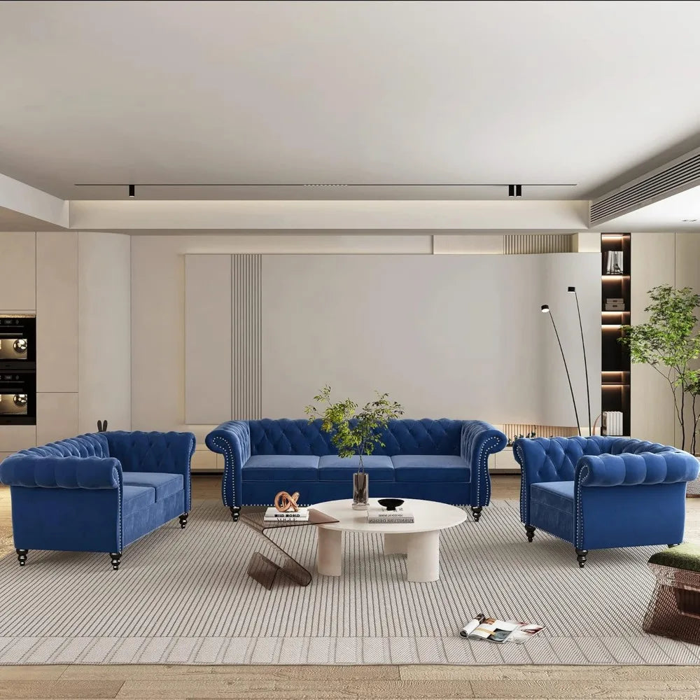 DAFIFY Velvet Chesterfield Living Room Set Sofa Loveseat Chair