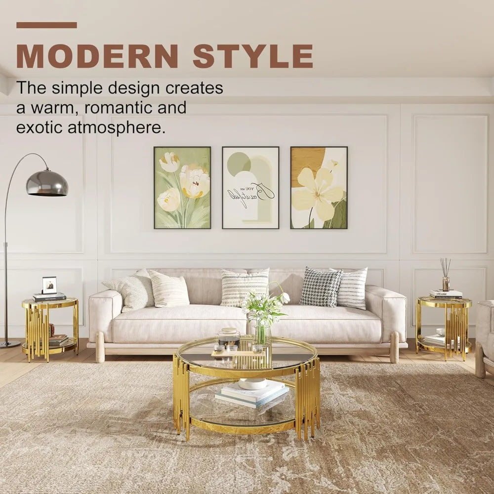 MKDK 3-Piece Glass Coffee Table Set and End Tables