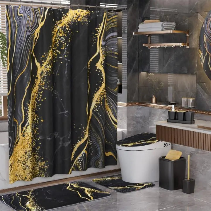 Waterproof Shower Curtain Set With Non-Slip Bath Rugs