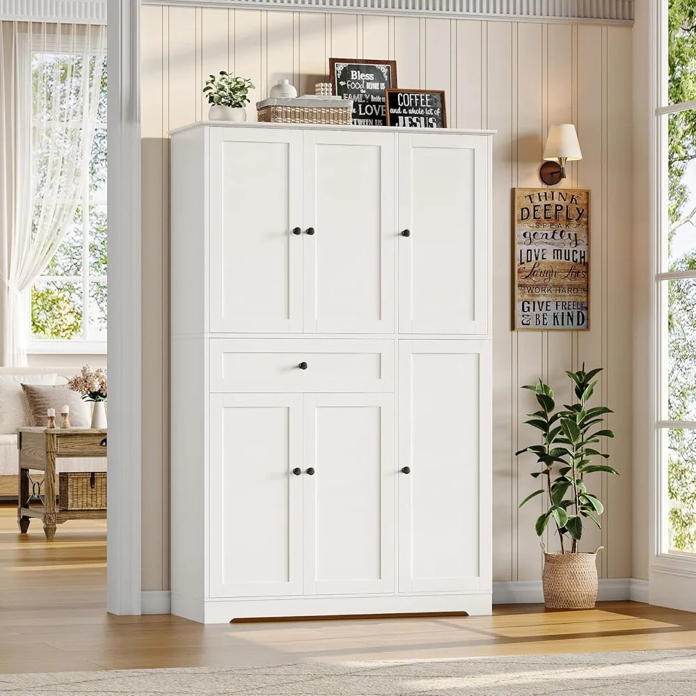 HOSTACK 68" Tall Kitchen Pantry Cabinet,Modern Hutch with Doors Shelves & Large Drawer,Food Storage for Dining Living Room,White